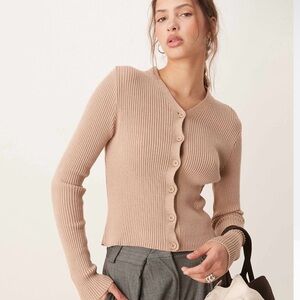 ASOS Design Mocha Ribbed V-Neck Button Cardigan Sweater Size L